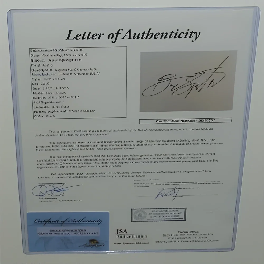 White plastic JSA certificate for deluxe framed Bruce Springsteen Born concert poster