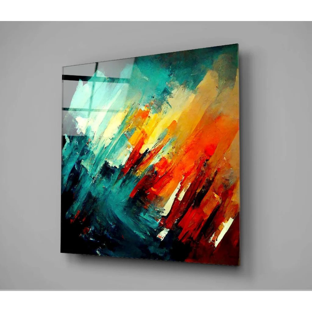 Vibrant glossy glass wall art with teal, orange, red bold strokes