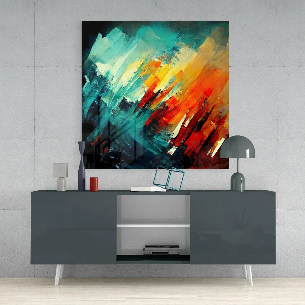 Vibrant glossy glass wall art in fiery teal and orange with bold strokes on dark background