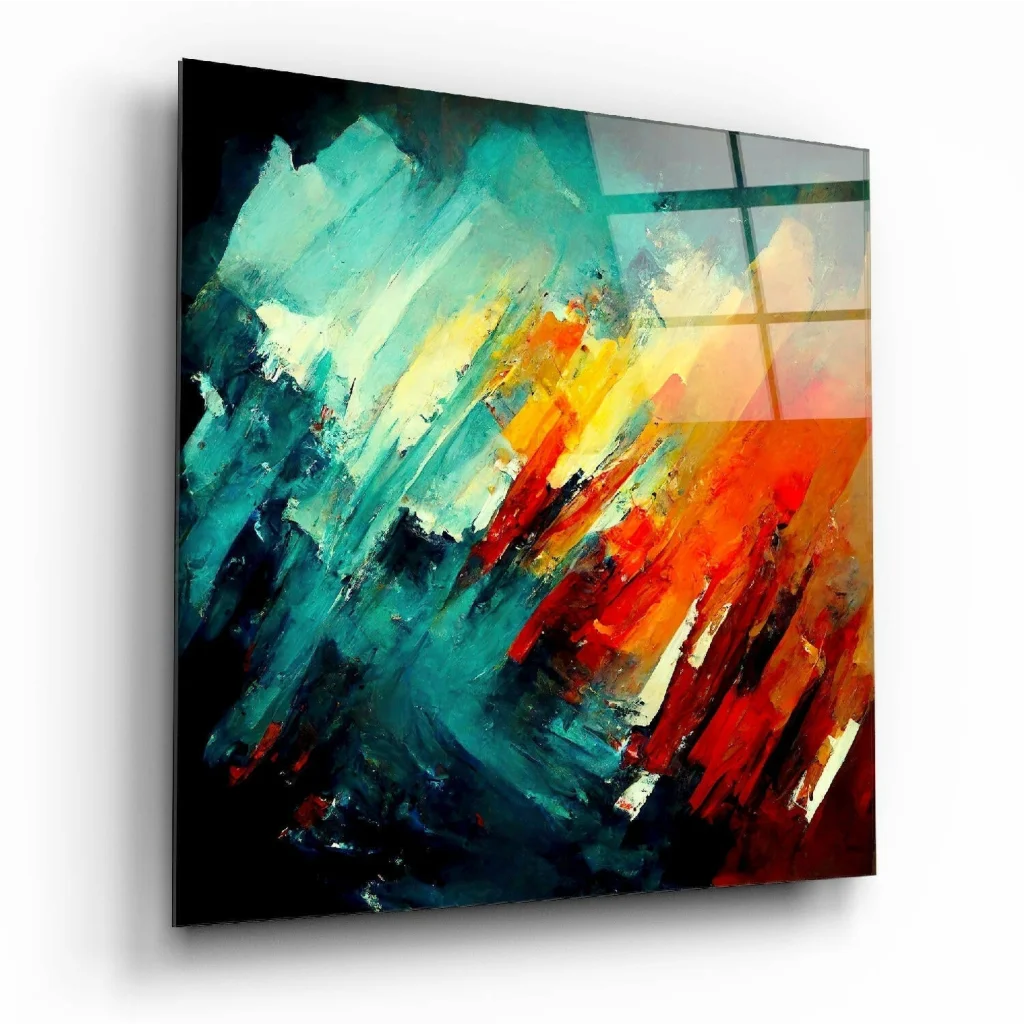 Vibrant glossy abstract glass wall art in fiery teal and orange