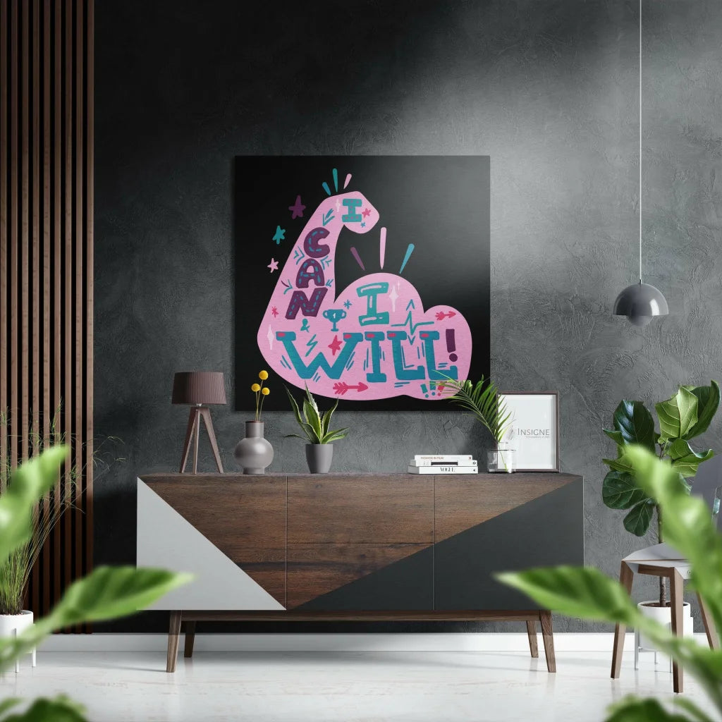 Vibrant pink teal I can I will motivational brushed aluminium dibond art with flexing bicep