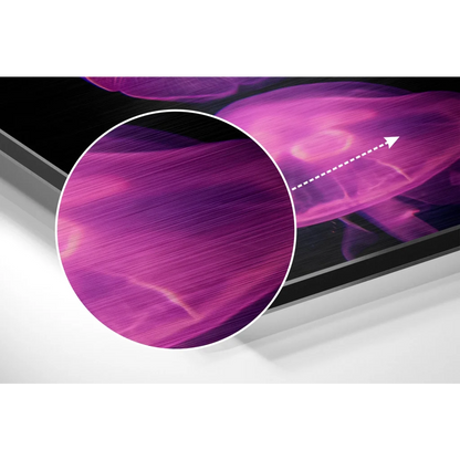 Sleek TV displaying stunning purple jellyfish on brushed aluminium dibond print