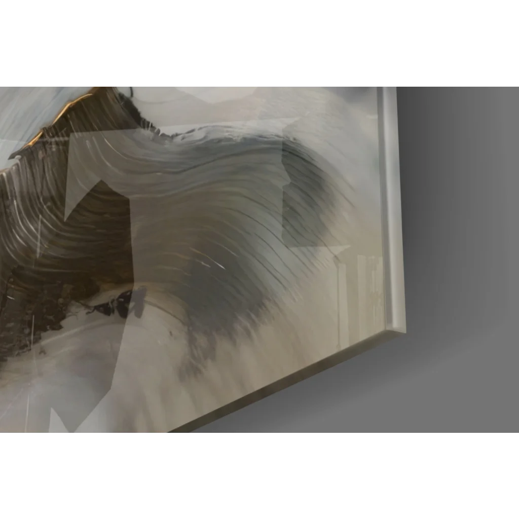 Stunning gold abstract face glass wall art with swirling gray white brushstrokes