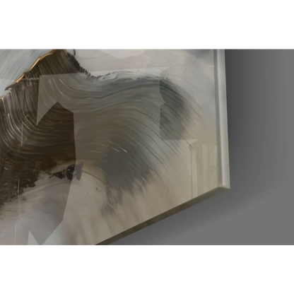 Stunning gold abstract face glass wall art with swirling gray white brushstrokes