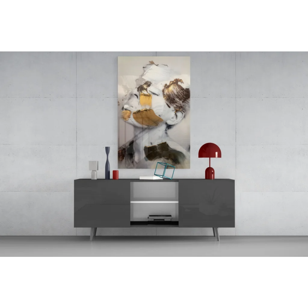 Stunning gold abstract face glass wall art with expressive brushstrokes