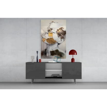 Stunning gold abstract face glass wall art with expressive brushstrokes