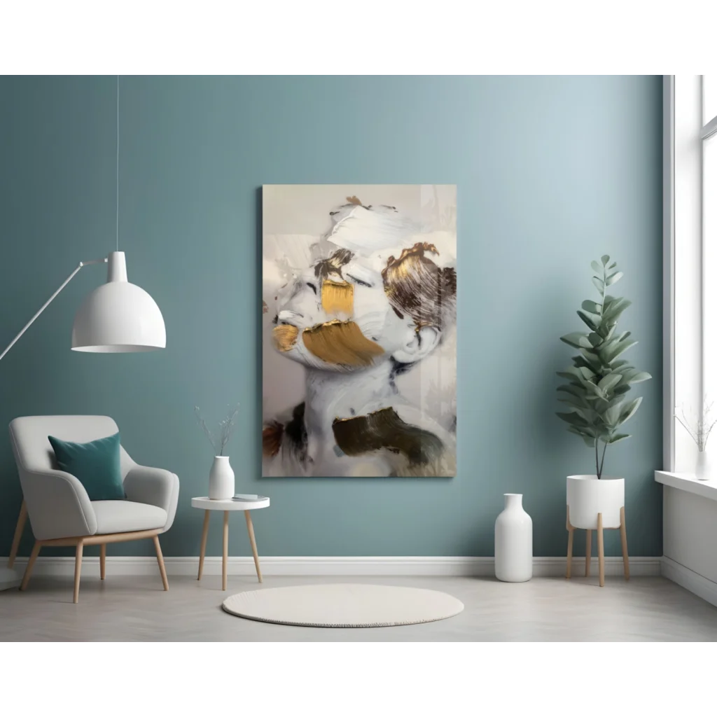 Stunning Gold Abstract Face Glass Wall Art Canvas | Contemporary Home Wall Art | vintageantiquesgifts.com