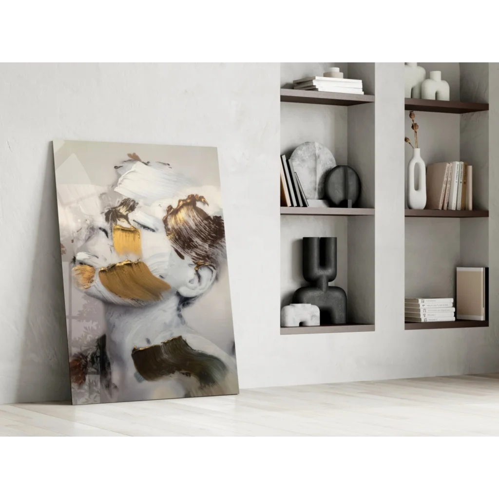 Stunning gold abstract face glass wall art canvas with bold white, gold, and brown strokes on gray