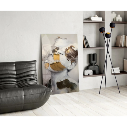 Stunning gold abstract face glass wall art canvas with bold strokes