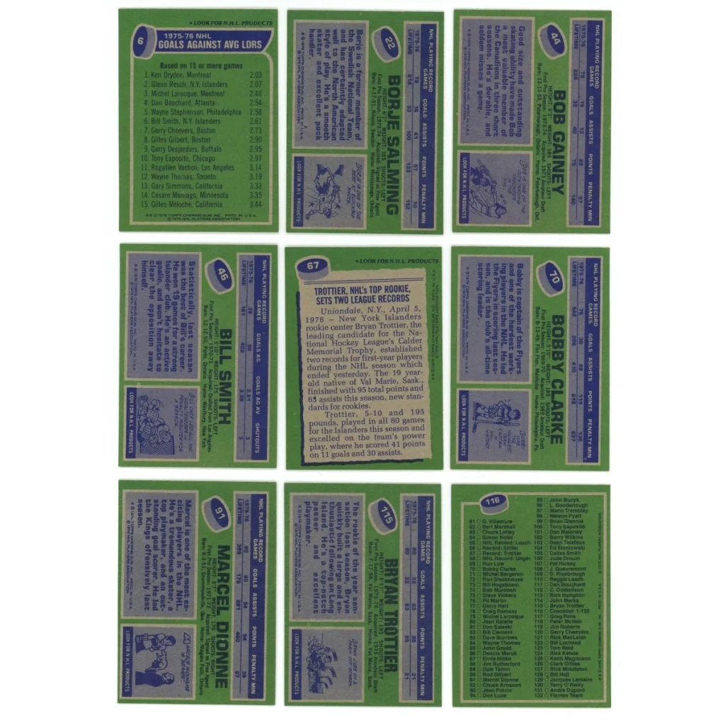 Vintage hockey trading cards featuring Bryan Trottier from Topps Hockey Complete Set