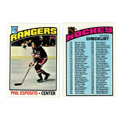Vintage hockey trading cards featuring Phil Esposito and checklist from Bryan Trottier Topps hockey complete set