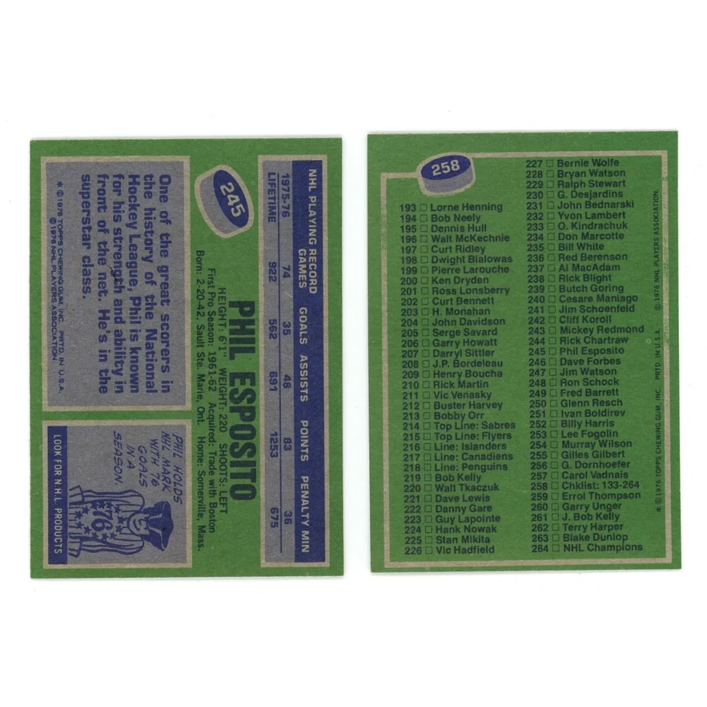 Two 1975-76 O-Pee-Chee Phil Esposito hockey cards front and back in Bryan Trottier Topps Hockey Complete set