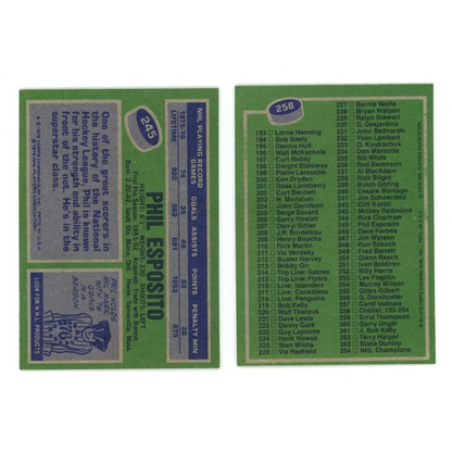 Two 1975-76 O-Pee-Chee Phil Esposito hockey cards front and back in Bryan Trottier Topps Hockey Complete set