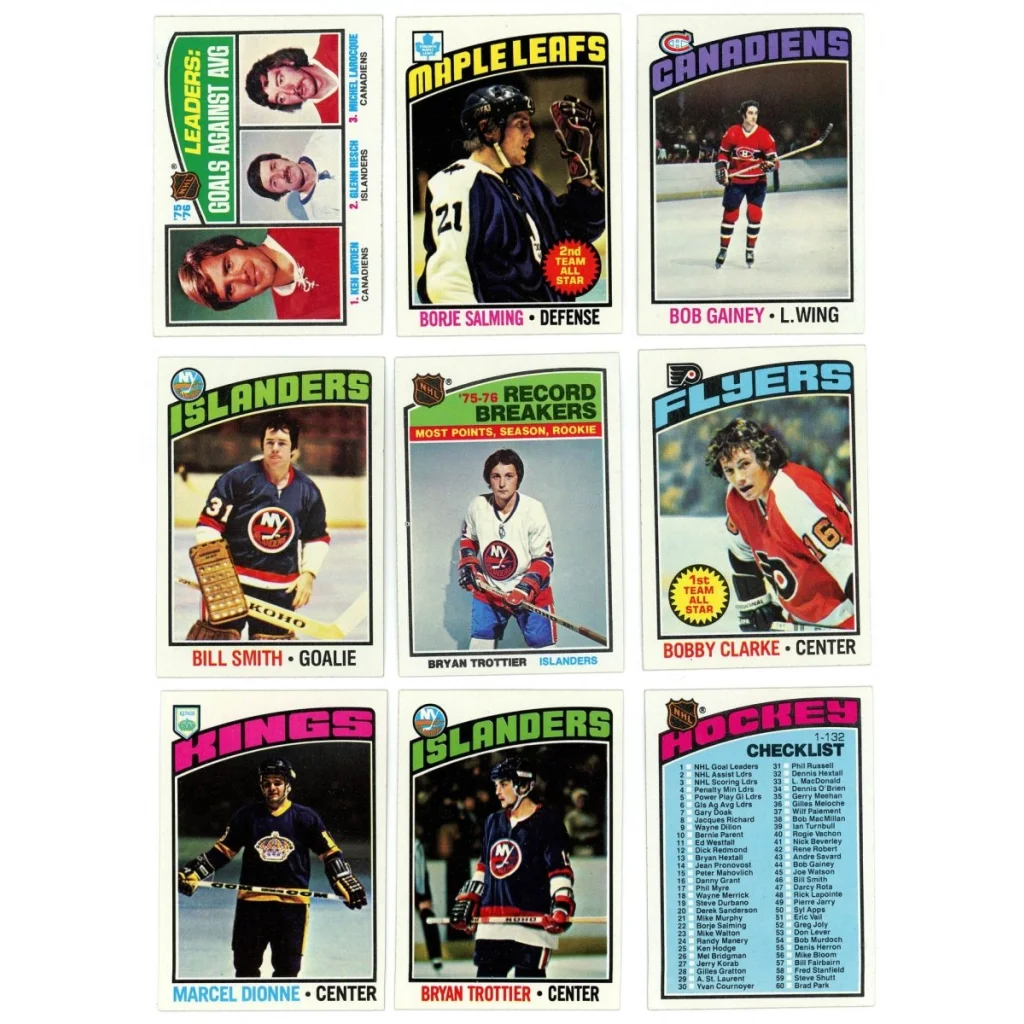 Vintage hockey trading cards featuring Bryan Trottier in a Topps Hockey Complete set