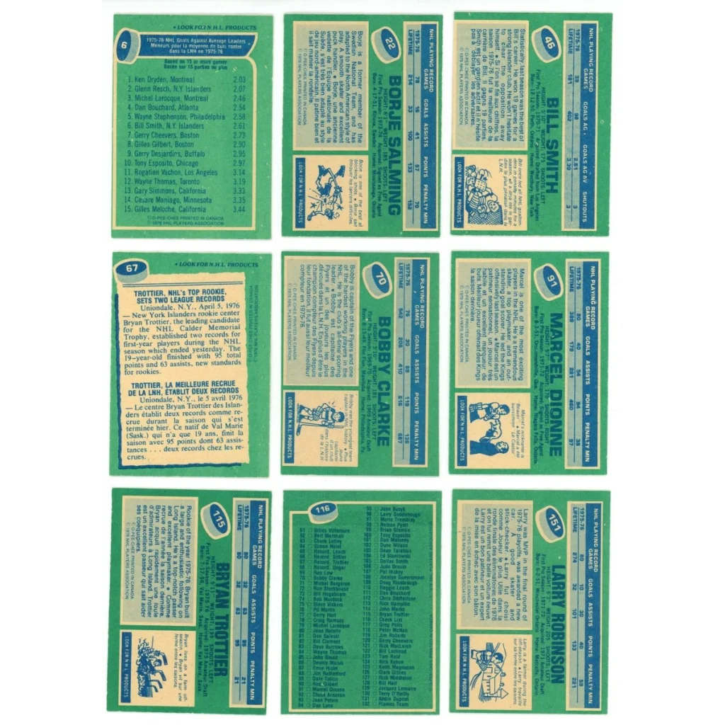 Vintage hockey trading cards grid featuring Bryan Trottier from the hockey complete set break