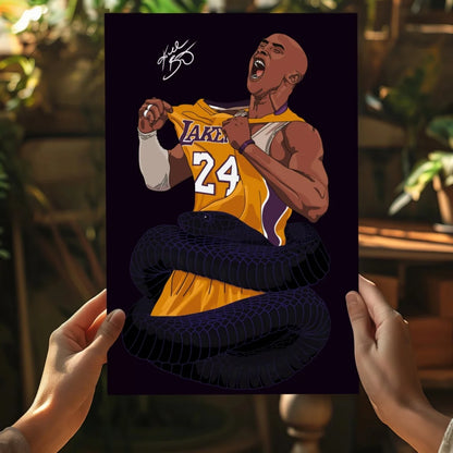 Kobe Bryant in Lakers jersey with snake on insigne aluminum print
