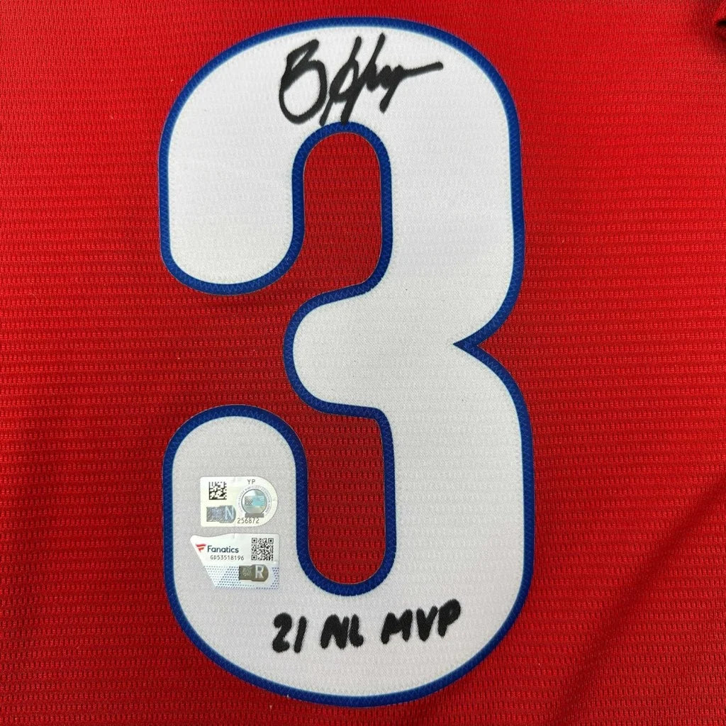 Red Bryce Harper Phillies jersey signed by B Harper with 21 NL MVP, auth stickers