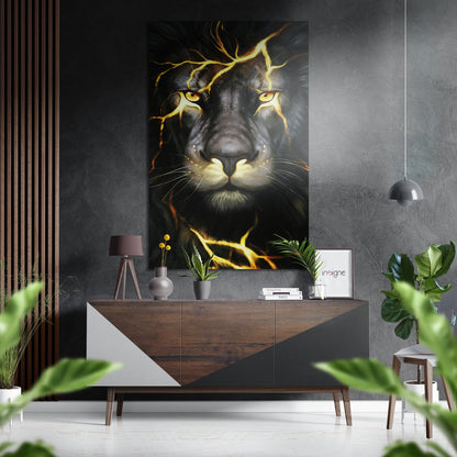 Golden Lightning Lion Face Brushed Aluminium Dibond Wall Art