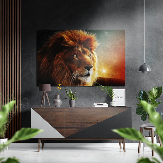 Lion with fiery mane against golden sunset and starry sky displayed on gray wall above wooden console table.