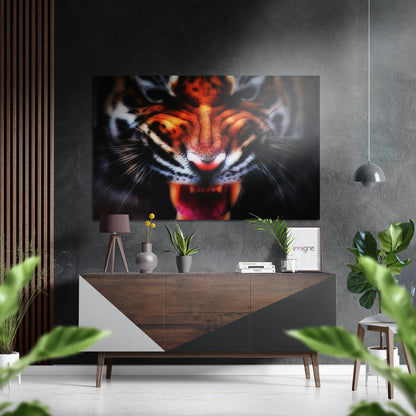 Snarling Tiger Face Closeup Brushed Aluminium Dibond Wall Art