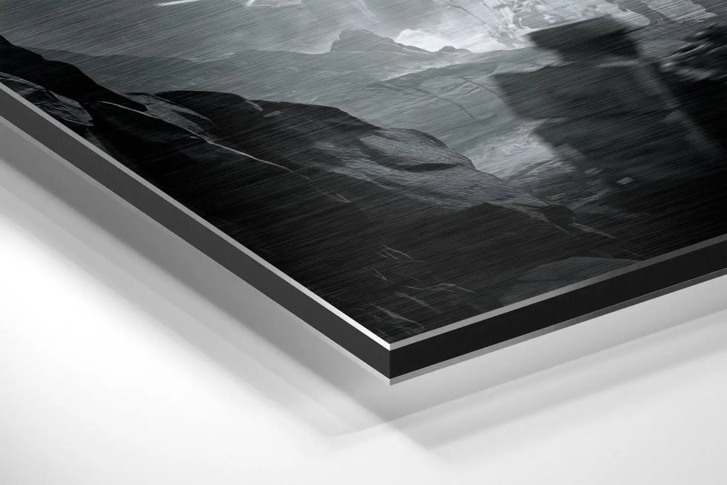 Stunning brushed aluminium dibond mountain landscape in acrylic frame
