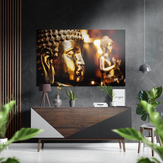 Golden Buddha Face Closeup Brushed Aluminum Dibond Wall Art