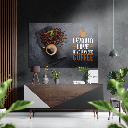 Modern interior room featuring a dark textured wall displaying a coffee-themed aluminum wall art with white and orange text above a wooden console table with plants and decor.