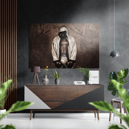 Hooded Boxer Sepia Gym Portrait Brushed Aluminium Dibond Wall Art