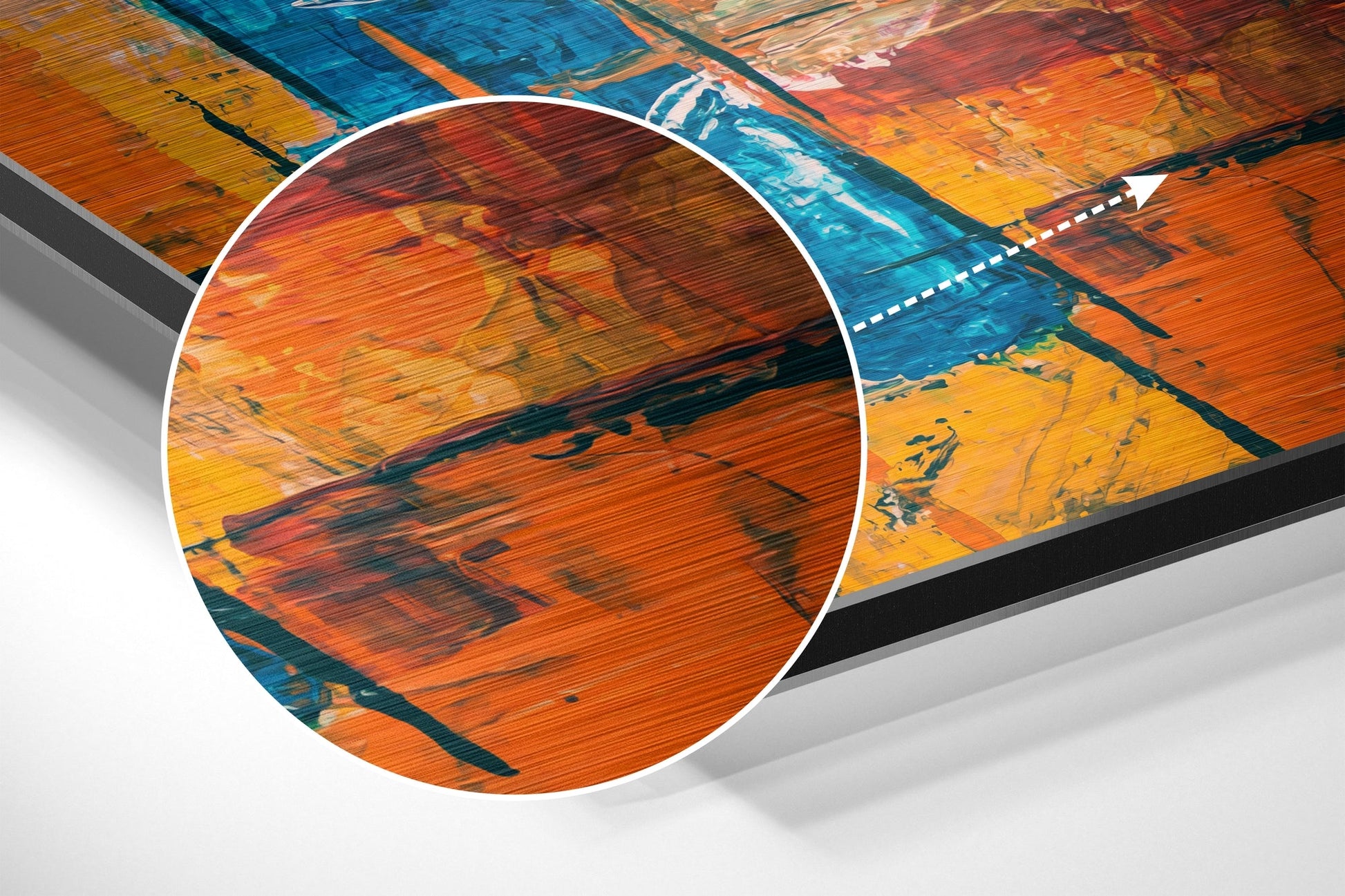 Close-up detail of brushed aluminium surface showing orange, red, and blue paint strokes with wood grain texture and visible brush marks.