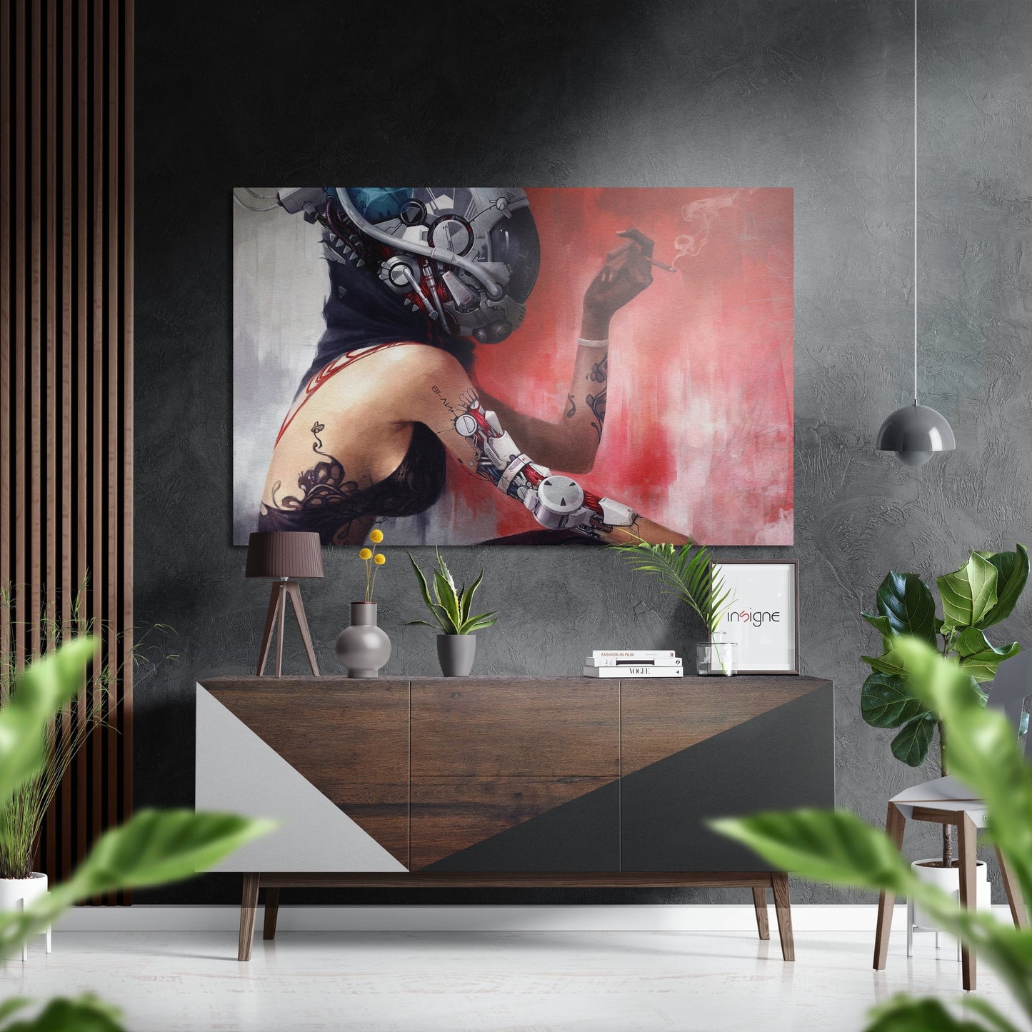 Androwoman Brushed Aluminium Dibond Wall Art displayed above a wooden console table in a modern interior with gray textured walls and potted plants.