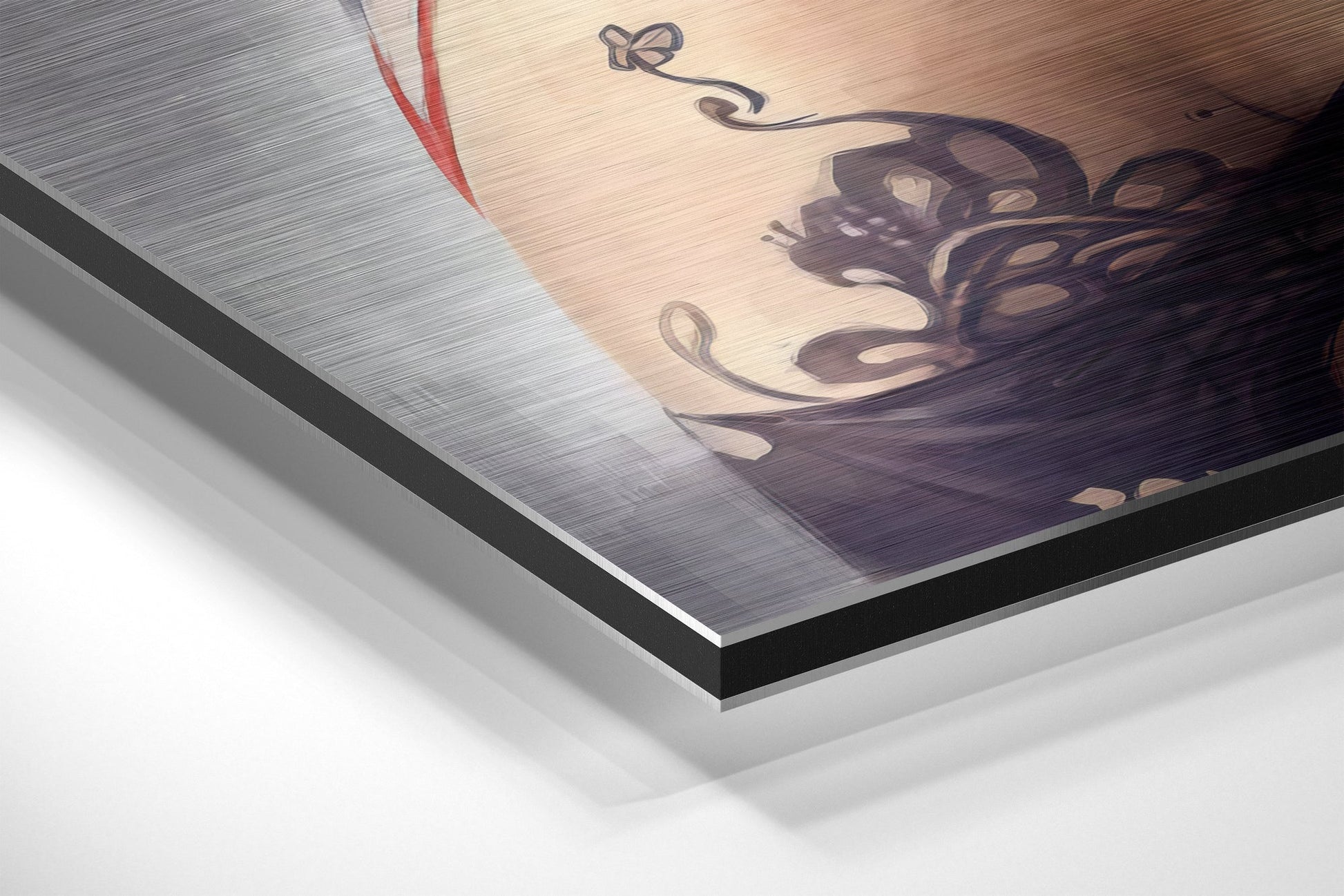 Angled close-up view of brushed aluminum Dibond wall art showing dark figure illustration with red accent line on metallic surface.