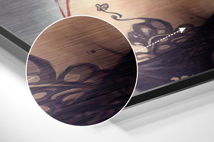 Close-up angled view of Androwoman Dibond wall art showing brushed aluminum surface with purple and brown wood grain texture detail.