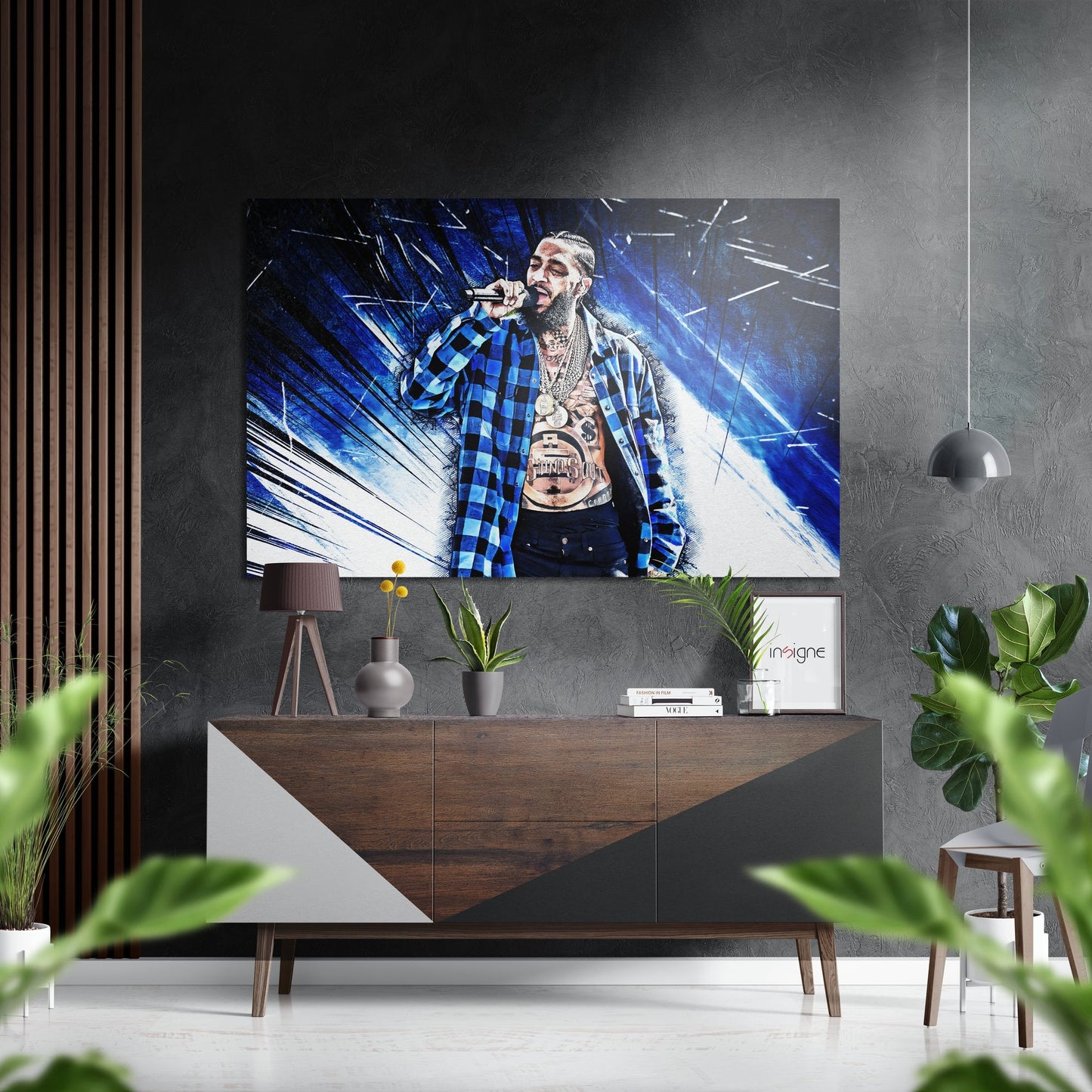 Blue Plaid Shirt Rapper With Mic Brushed Aluminium Dibond Wall Art