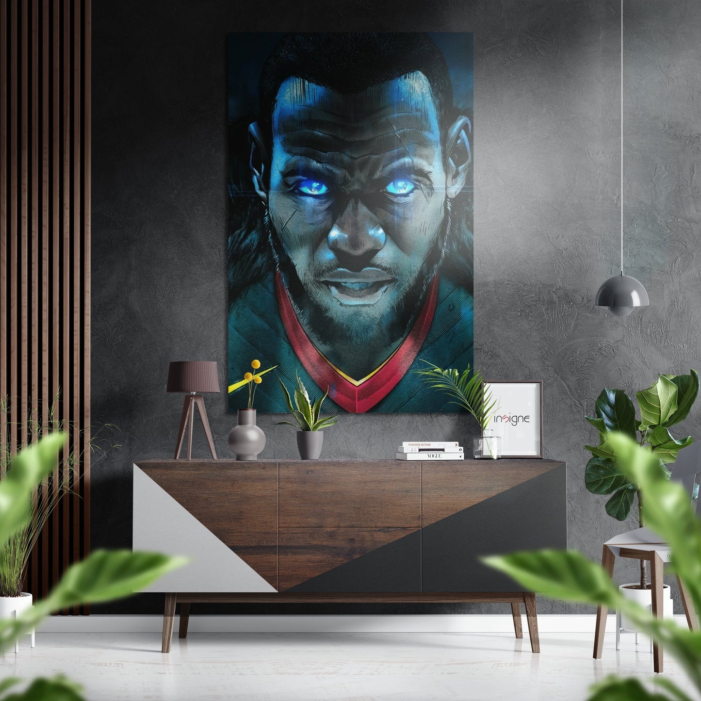 Glowing Blue Eyes Player Portrait Brushed Aluminium Dibond Wall Art