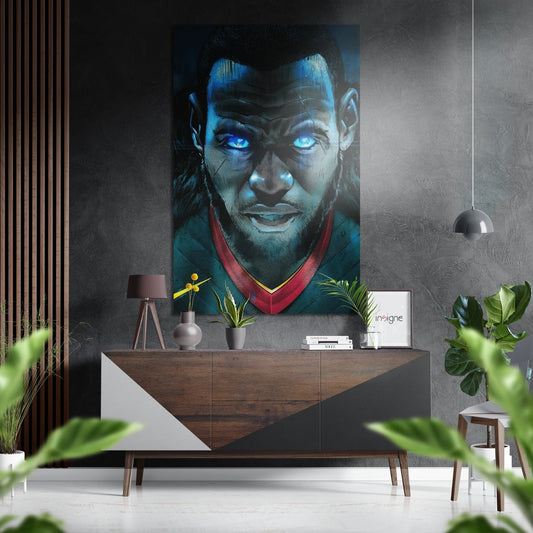 Portrait artwork with glowing blue eyes and red collar displayed above wooden dresser in modern interior setting.