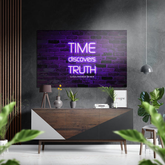 Modern living room with neon purple wall art displaying "TIME discovers TRUTH" quote mounted above wooden sideboard with plants and accessories.