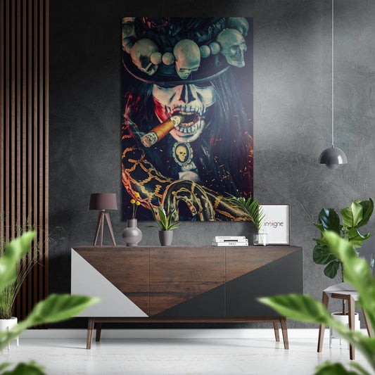 Cuban Brushed Aluminium Dibond art displayed above a wooden console table in a modern interior with skull and cigar imagery.