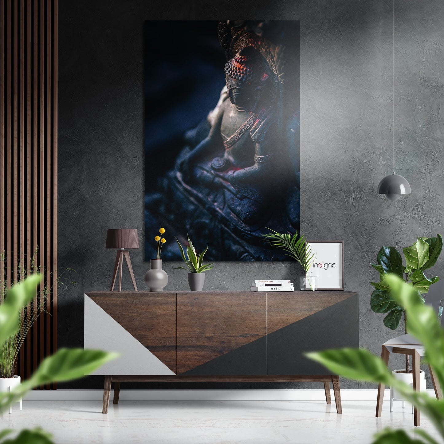 Dark Blue Praying Statue Buddha Brushed Aluminum Dibond Wall Art