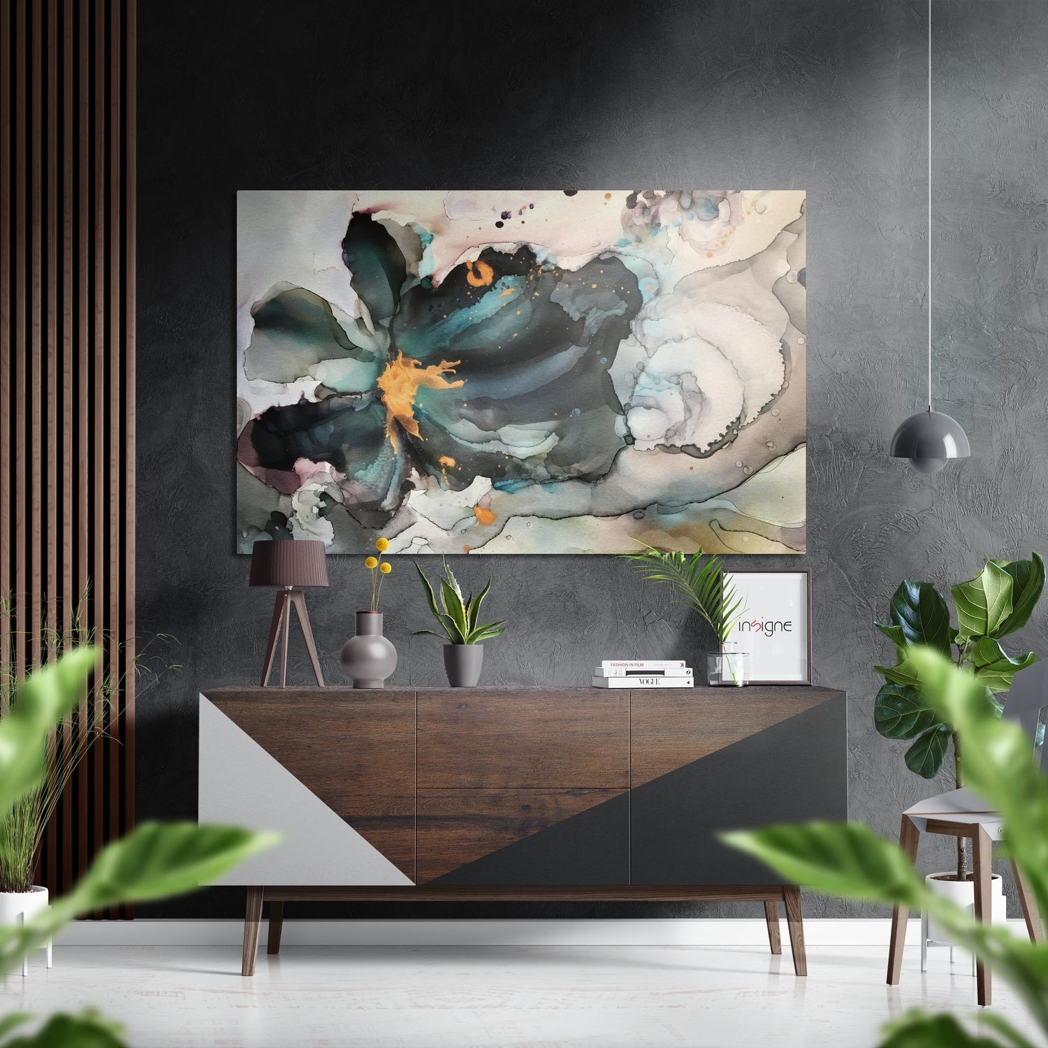 Abstract flower wall art with teal, black, orange, and cream watercolor brushstrokes displayed above wooden dresser in modern interior.