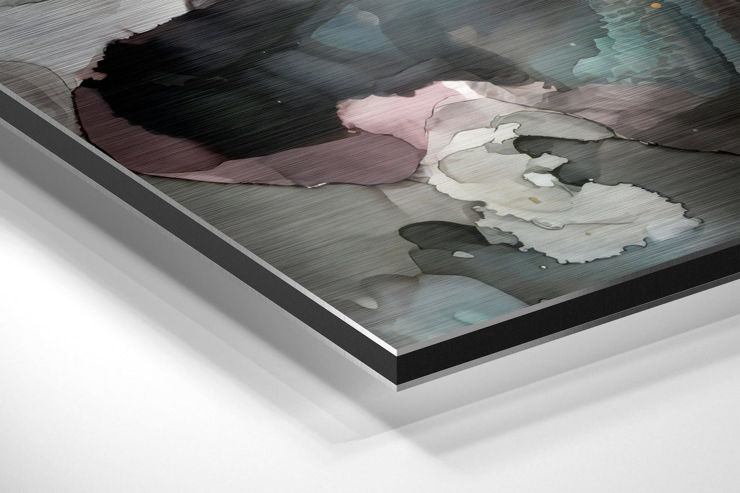 Angled perspective view of abstract flower wall art on brushed aluminum showing layered paint strokes in black, pink, white, and teal colors.