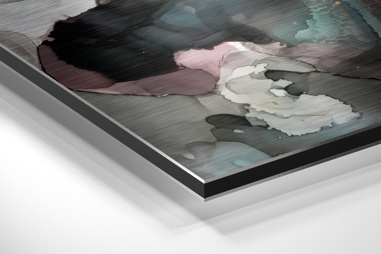 Angled perspective view of abstract flower wall art on brushed aluminum showing layered paint strokes in black, pink, white, and teal colors.