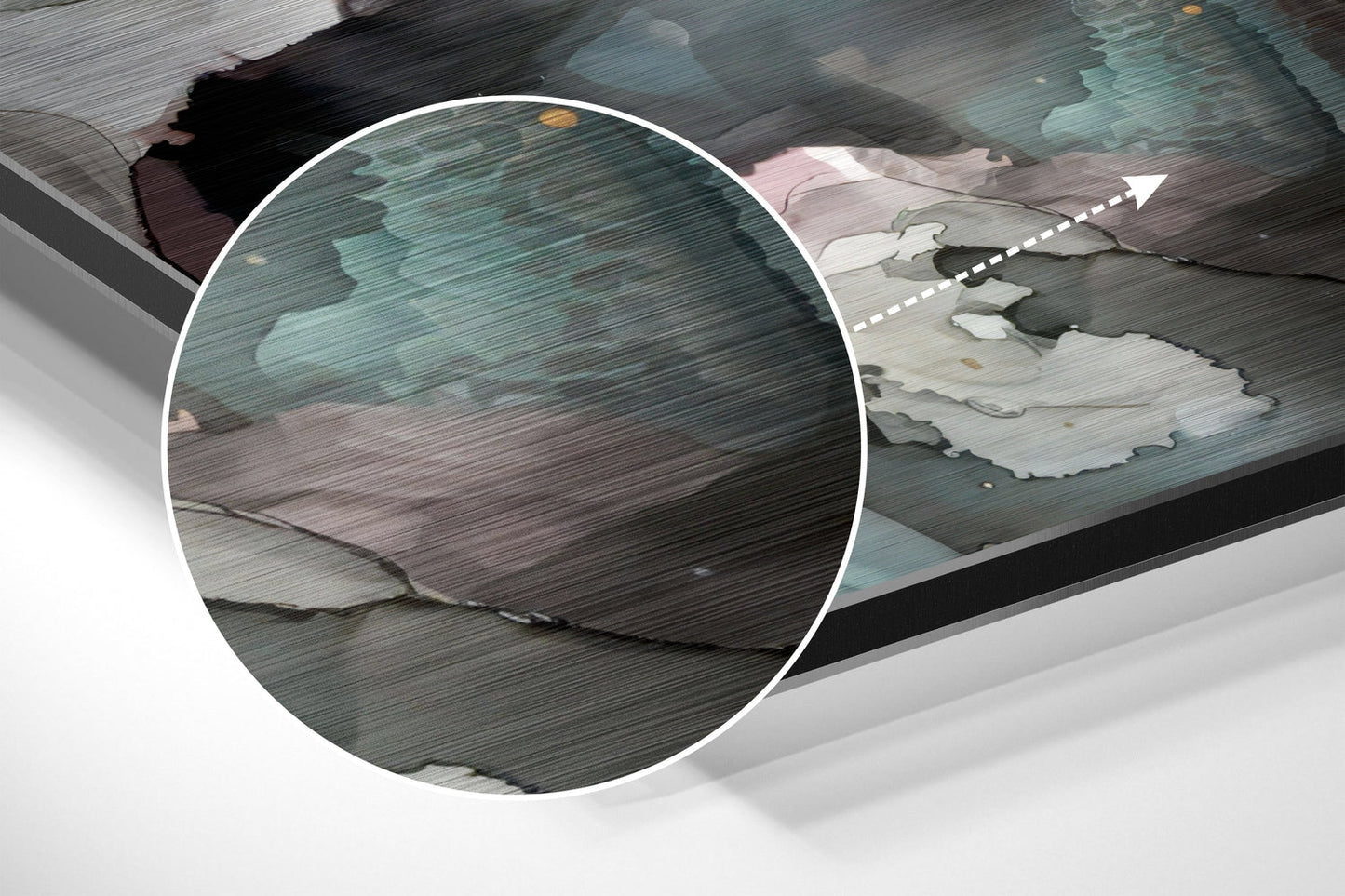 Close-up angled view of brushed aluminium wall art showing layered abstract flower design in teal, pink, and white tones with horizontal texture lines.