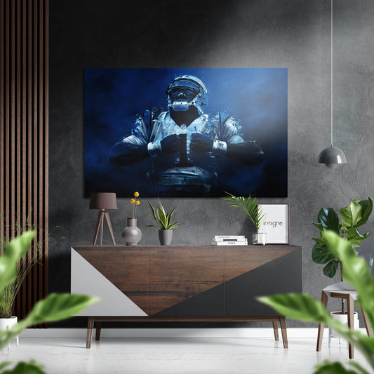 Football player in blue smoke effect displayed above wooden console in modern interior setting with plants and pendant light.