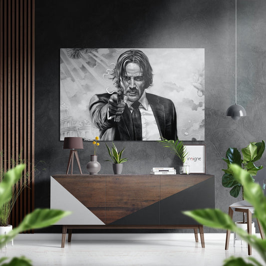 Black and white portrait of suited man aiming handgun displayed above wooden dresser in modern interior setting.