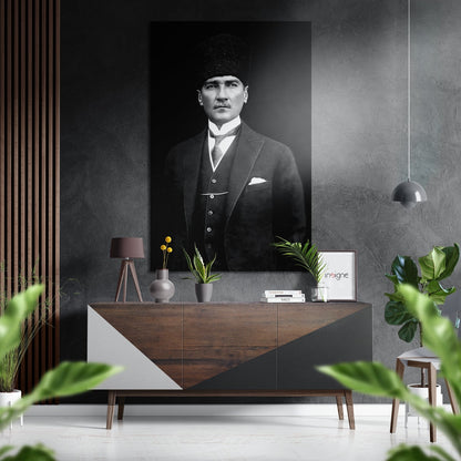 Black And White Suit Portrait Ataturk Brushed Aluminium Dibond Wall Art