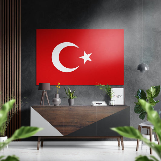 Turkish flag with white crescent and star on red brushed aluminium panel displayed above wooden console in modern interior.