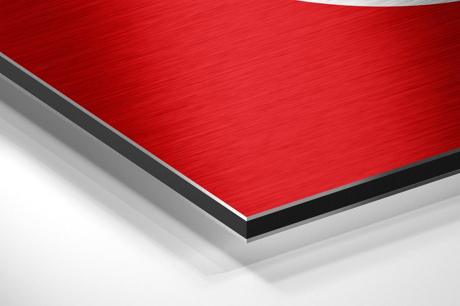 Angled perspective view of layered Turkish flag brushed aluminum Dibond panel showing red surface with black and white edge detail.