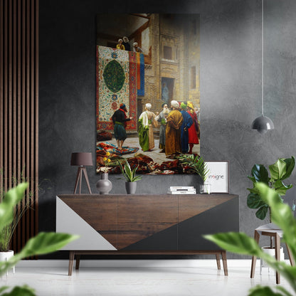 Orientalist painting on aluminum dibond displayed above wooden console in modern interior with plants and pendant lamp.
