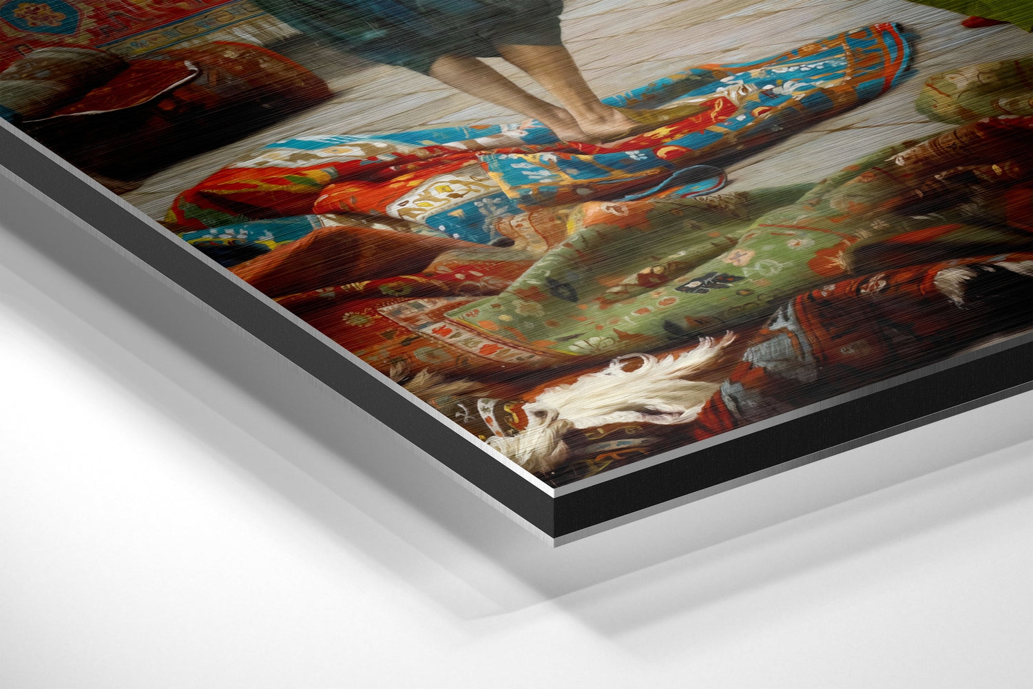Angled 3D view of brushed aluminium Dibond wall art displaying a colorful traditional rug merchant scene with red, blue, and gold tones.