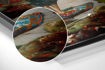 Close-up detail of brushed aluminium dibond showing colorful woven textile patterns in blue, red, green, and orange tones with wood grain texture.